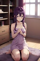 after_shower ai_generated bedroom blush bookshelf bookshelves day daytime doki_doki_literature_club dresser looking_at_viewer nervous on_floor on_knees pixai purple_eyes purple_hair purple_rug purple_towel rug shy sunlight sunlight_rays towel towel_only wearing_towel wet_hair wet_skin window wooden_floor yuri_(doki_doki_literature_club)