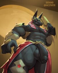 anubis anubis_reaper avc2paper balls bara big_pecs big_penis black_balls dark-skinned_male foreskin gay hi_res large_penis loincloth loincloth_aside looking_at_viewer looking_down male_only muscular muscular_male overwatch overwatch_2 pecs penis reaper red_eyes simple_background smug solo_male thick_thighs yaoi