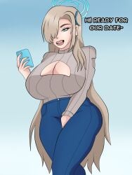 1girls asuna_(blue_archive) blonde_hair blue_archive blue_eyes blueartfiend boob_window breasts casual huge_breasts jeans large_breasts millennium_science_school_student phone sweater tight_clothing tight_fit tight_pants