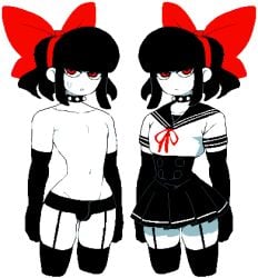 black_hair bow bulge choker collar dizzyspells elbow_gloves femboy flat_chest garter_belt garter_straps gloves long_gloves looking_at_viewer male pale_skin pixel_art red_eyes sailor_collar school_uniform scythe_(dizzyspells) serafuku skirt spiked spiked_collar sweat sweatdrop sweating thighhighs trap