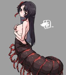 1girls black_hair breasts bug_girl butt_crack chiwa_(chi_wa13) covered_nipples covering_breasts female female_only grey_background indie_virtual_youtuber insect_girl light-skinned_female light_skin millipede_girl monster_girl pout red_eyes red_nails renne_millenia sideboob simple_background solo virtual_youtuber