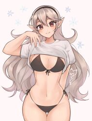 1girls alternate_costume bikini black_bikini black_hairband breasts cleavage clothes_lift commentary corrin_(female)_(fire_emblem) corrin_(fire_emblem) corrin_(fire_emblem)_(female) cowboy_shot female female_only fire_emblem fire_emblem_fates grey_background hairband highres large_breasts navel nintendo pointy_ears purrlucii shirt shirt_lift short_sleeves side-tie_bikini_bottom solo standing stomach swimsuit thighs white_shirt