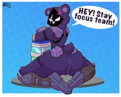 absurd_res angry anthro anus ass barefoot05 bear breasts clothing dialogue digital_media_(artwork) english_text epic_games female footwear fortnite fur genitals hi_res looking_at_viewer looking_back mammal nipples nude purple_body pussy raven_team_leader rear_view shoes simple_background solo tail text