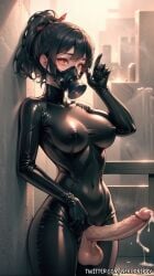 ai_generated big_balls big_penis black_hair black_suit bob_cut cum dystopian ejaculation futa_only futanari futanari gas_mask huge_cock huge_cock latex latex_gloves latex_suit masturbation nekodrippy oc precum red_eyes smoke stable_diffusion