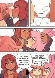 1boy 2girls :3 bisexual blue_eyes blush bunny_boy bunny_ears bunny_girl dark-skinned_female dark_skin dialogue english_text female hasselnut heavy_blush hi_res kissing light-skinned_female light-skinned_male light_skin male my_neighbour_is_a_bunny_demon narrowed_eyes open_mouth pink_hair red_eyes red_hair saliva_trail smile speech_bubble spitting_in_mouth sunny_(wolfgang_bang) tommy_(wolfgang_bang) tongue_kiss tongue_out wolfgang_bang yellow_eyes yuri zoy_(my_neighbour_is_a_bunny_demon)