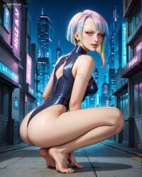 ai ai_generated bare_arms bare_legs createdwithai cyberpunk_edgerunners cyberskin digital_2d fan_art female girl highleg_leotard lucy_(cyberpunk) lucyna_kushinada makeup multicolored_eyes multicolored_hair nostra666 parted_bangs patreon red_eyeliner short_hair sleeveless_turtleneck_leotard stable_diffusion turtleneck_leotard white_eyebrows white_hair
