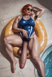 ai_generated armpit_hair aunt briang1748 futanari ginger_hair hyper_penis imminent_oral looking_at_viewer looking_pleasured original_character poolside pubic_hair sunglasses swimsuit swimsuit_aside tanning thick_ass thick_thighs