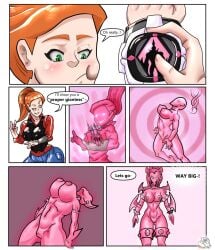 2d alien alien_girl ben_10 collar comic comic_page dinotits female female_only giantess gwen_10 gwen_tennyson gwen_tennyson_(alien_force) omnitrix pink_eyes pink_skin species_transformation tagme tall_female to'kustar transformation way_big