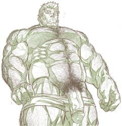 balls bara beard body_hair facial_hair final_fantasy final_fantasy_xiv flaccid glasses human human_only male male_only monochrome muscles muscular penis roegadyn solo solo_male underwear underwear_down wasp_(artist)