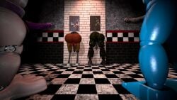 4boys animatronic anthro ass back_view balls bonnie_(fnaf) erection faceless_male five_nights_at_freddy's fox foxy_(fnaf) gay imminent_sex male male_only penis pre-backshots rabbit springtrap springtrap_(fnaf) stuck_in_wall tagme through_wall toy_bonnie_(fnaf)