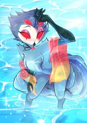 absurd_res anthro avian bird clothed clothing demon feathers grey_body grey_feathers helluva_boss hi_res looking_at_viewer male male_only owl owl_demon red_eyes red_speedo solo speedo stolas_(helluva_boss) swimsuit swimwear topless water zero_lawliet