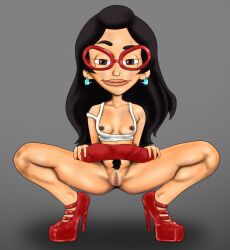 big_mouth_(universe) black_hair blue_middle_finger_earrings brown_eyes netflix pubic_hair pussy red_glasses red_shoes skirt_lift tank_top tits_out