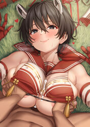 1boy 1girls animal_ears big_breasts black_eyes blush blushing blushing_at_viewer breast_grab breast_squeeze breast_squish breasts brown_hair costume covered_nipples covering_breasts cum_on_breasts female hands_on_breasts huge_breasts large_breasts laying_down laying_on_back male male_pov massive_breasts no_bra on_back outercourse paizuri pubic_hair short_hair smile smiling smiling_at_viewer sweat sweating sweaty