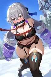 ai_generated bit_gag blush bondage bronya_rand collar crotch_rope earrings forced_march gag gagged gray_hair honkai:_star_rail honkai_(series) leash leash_and_collar leash_pull lingerie lingerie_only snow thick_thighs thighhighs thighs tied_up tiques