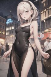 1girls ai_generated black_dress blonde_hair crowd cute female looking_at_viewer public sexy_dress skin_tight small_breasts stable_diffusion