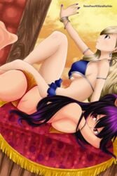 2girls ass bikini blonde_hair blue_eyes curvy edens_zero female_only homura_kogetsu lying_on_stomach mariablueneko purple_hair rebecca_bluegarden red_eyes sideboob voluptuous