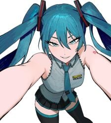 1girls black_skirt blue_eyes blue_hair blue_tie female female_only hatsune_miku light-skinned_female looking_at_viewer not_porn reaching_out safe safe_for_work sfw skirt smug solo thigh_highs tie vocaloid zeon_(zzeeonn)