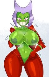 1girls alternate_breast_size alternate_version_available areola areolae atomickingboo breasts busty butt_witch cleavage female green_body green_skin hourglass_figure huge_breasts jumpsuit large_breasts navel nipples open_clothes sweat twelve_forever villain voluptuous witch