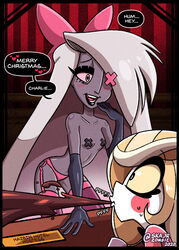 2girls charlie_morningstar charlie_morningstar_(hazbin_hotel) cute demon demon_girl female female_only gloves grey_hair grey_skin hazbin_hotel imminent_sex lingerie multiple_girls nipples pasties pussy seducing seductive shocked skajrzombie skinny small_breasts smile smiling spittake straight_hair vaggie vaggie_(hazbin_hotel) vivienne_medrano white_skin yuri