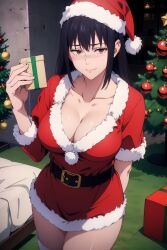 1girls ai_generated black_hair brown_eyes christmas christmas_outfit embarrassed embarrassed_nude_female jujutsu_kaisen shy stable_diffusion utahime_iori