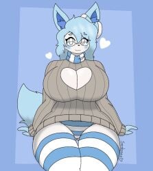 anthro big_breasts blue_body blue_fur blue_sclera blush bow_(feature) breasts celeste_(lewdyblueberry) cleavage cleavage_cutout clothed clothing cute_furry eeveelution eyewear female female_pokemon fur generation_6_pokemon glasses heart hi_res huge_breasts legwear lewdyblueberry nintendo panties pattern_clothing pokemon pokemon_(species) scarf simple_background sitting slightly_chubby slightly_chubby_anthro solo striped_clothing stripes sweater sylveon tail thick_thighs thigh_highs topwear underwear white_body white_eyes white_fur wide_hips