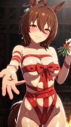1girls 3d agnes_tachyon_(umamusume) ahoge ai_generated blush brown_hair cameltoe christmas covered_nipples demai fireplace gift_wrapped hair_between_eyes horse_ears horse_girl mistletoe presenting_self reaching_towards_viewer red_eyes ribbon semi_nude short_hair smile solo stable_diffusion sweat umamusume umamusume_pretty_derby wrapped