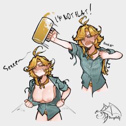 1girls 2koma absurdres alcohol alternate_breast_size_(larger) aqua_shirt beer beer_glass blonde_hair breasts breasts_out cup dokibird dokibird_(beach_episode) dokibird_(bounty_hunter) dragziletf drunk english_text feather_hair highres indie_virtual_youtuber medium_breasts neckerchief nipples oerba_yun_fang open_clothes open_mouth open_shirt orange_neckerchief panties pointy_ears sequence shirt short_hair skin_fang smug underwear undressing virtual_youtuber white_background yellow_panties