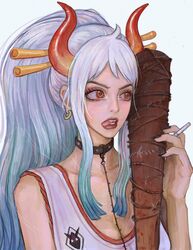 1girls artist_request big_breasts black_nails blue_hair breasts brown_eyes cigarette cigarette_holder clothed clothing collar curvy dog_collar ear_piercing earrings female female_focus female_only gradient_hair hi_res highres hoop_earrings horned_humanoid horns humanoid licking_lips light-skinned_female light_skin long_hair multicolored_hair nails one_piece oni oni_horns punk red_eyes revealing_clothes simple_background solo the_walking_dead two_tone_hair wallpaper white_hair yamato_(one_piece) youkai