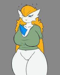 1girls [josel] anthro big_breasts bottomless breasts clothed clothing curvy curvy_figure eyelashes female female_gardevoir female_only gardevoir genitals hair humanoid josel long_hair mango_(shewiff) narrowed_eyes nintendo partially_clothed pokémon_(species) pokemon pokemon_(species) pokemon_rse pussy shirt solo thick_thighs tired topwear video_games wide_hips