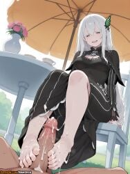 1boy 2025 ai_assisted ai_generated anime anime_girl anime_style artist_name bangs barefoot black_capelet black_dress blush breasts butterfly_hair_ornament capelet chair colored_eyelashes cum cum_on_body cum_on_feet cup dress echidna_(re:zero) ejaculation erection feet female flower footjob hair_between_eyes hair_ornament hi_res high_quality high_res high_resolution highres long_hair long_sleeves looking_at_viewer open_mouth patreon patreon_username penis projectile_cum purple_eyes re:zero_kara_hajimeru_isekai_seikatsu rinkoai sitting smile straight striped striped_dress table teacup toes two-footed_footjob umbrella uncensored vertical-striped_dress vertical_stripes watermark white_hair