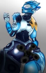 anal armor ass bionicle bionicle_(gen_2) blue_eyes buttplug female gali gali_(uniter) gk733 hi_res lego looking_at_viewer machine mask pussy robot simple_background solo standing