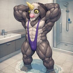 ai_generated bara bathroom buff caprine goat looking_down male male_only mankini muscular muscular_male my_singing_buff_or_bara_monsters my_singing_monsters pose posing purple_mankini sexy tapricorn water