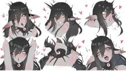 ahe_gao arms_behind_head bare_shoulders blush clenched_teeth close-up colored_skin commentary cross ear_covers ear_piercing english_commentary eyeball eyeball_collar female_orgasm fucked_silly goth_fashion green_eyes grey_skin head_back head_tilt heart heiz_illust highres implied_nudity implied_orgasm implied_sex indie_virtual_youtuber layna_lazar multiple_expressions open_mouth orgasm piercing pointy_ears rolling_eyes sex sexually_suggestive single_ear_cover surprised teeth tongue virtual_youtuber white_background