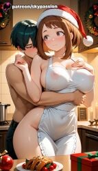 1boy 1girls 2025 ai_assisted ai_generated anime apple apron artist_name blush boku_no_hero_academia bowl box breasts brown_eyes brown_hair bust christmas christmas_ornaments covered_nipples cream drinking_glass explicit fireplace fruit gift gift_box grabbing_from_behind hat hi_res high_quality high_resolution highres holding_fork holding_plate holding_tray hug hug_from_behind indoors kitchen knife merry_christmas my_hero_academia naked_apron ochaco_uraraka patreon patreon_username short_hair skypassion stable_diffusion strawberry tomato uraraka_ochaco uraraka_ochako watermark whisk