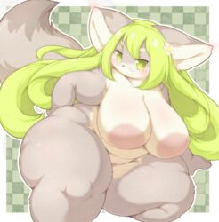 2021 accessory anthro areola belly big_breasts blush border breasts canid canine checkered_background dipstick_ears dipstick_tail eyebrows eyewear female flower fox full_bokko_heroes_x fullbokko_heroes fur genitals glasses green_eyes green_hair grey_body grey_fur hair hair_accessory hand_on_hip happy hi_res huge_breasts inverted_nipples kemono looking_at_viewer mammal multicolored_body multicolored_ears multicolored_fur multicolored_tail nipples nude oota_suketomo_(fullbokko_heroes) overweight overweight_anthro overweight_female pattern_background plant pussy radiowave simple_background smile solo thick_thighs white_body white_border white_fur