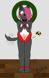 belly big_belly bladder bloated blush bondage bound breasts canid canine canis female flamingazalea heart_eyes heart_symbol hi_res inflation mammal navel nude organs pregnant ribbons submissive wolf