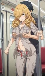1female 1male ai_generated big_boobs big_breasts blonde-haired_female blonde_female blonde_hair blush endured_face exposed_belly exposed_stomach grope grope_from_behind groping groping_breasts groping_from_behind oriana_thompson public_indecency public_train public_transportation revealing_clothes revealing_outfit sexual_assault sexual_harassment to_aru_majutsu_no_index train_interior unbuttoned_pants undone_belt