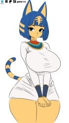 animal_crossing ankha ankha_(animal_crossing) big_breasts blue_hair cat_ears cat_girl cat_tail yellow_body
