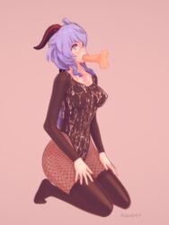 3d aizu649 ashamed blush bodysuit breasts bukkake cum cum_on_clothes cum_on_upper_body female female_only fishnet_pantyhose fishnet_stockings fishnets ganyu_(genshin_impact) genshin_impact hips horns koikatsu leotard looking_up medium_breasts no_background open_mouth pantyhose purple_hair thighhighs