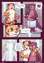 alex_(character) animal_genitalia anthro badwagon_(artist) balls comic_page communal_shower duo english_text felid genitals hi_res lutrine male mammal mustelid nude pantherine sheath text tiger wally_(character)