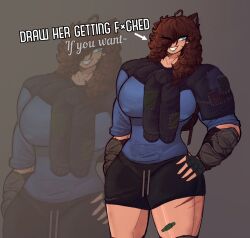 armor bandages blue_eyes blue_hoodie boar_ears brown_hair brunette_hair draw_her_getting_fucked grey_shorts h0rnyrexie huge_breasts request russian_female slavic_girl smiling sonya_(h0rnyrexie) wide_hips