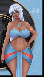 abs atlantean atlantis:_the_lost_empire blue_eyes crystal_necklace dante-grapes dark-skinned_female disney fit_female hand_on_hip hourglass_figure kida large_breasts loincloth long_hair princess royalty skirt tubetop voluptuous white_hair wide_hips