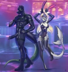 1boy 1girls 2025 5_fingers absurd_res alligator alligatorid_humanoid anthro artist_name artist_signature axel_(droopycrows) black_latex blurred_background blurry_background bodysuit bondage bondage_gear boots breasts bunny_ears bunnysuit cleavage club crocodilian curvaceous curvaceous_female curvaceous_figure curvy curvy_female curvy_figure detailed_background digital_art digital_drawing_(artwork) digital_media digital_media_(artwork) duo erect_penis erection female footwear genitalia genitals gimp_hood gimp_mask gimp_suit gloves green_body green_skin grey_body grey_skin hair hand_on_hip happy harness hi_res hood kay_(droopycrows) latex latex_bodysuit latex_gloves latex_skinsuit latex_suit legwear long_hair male male/female marine mask muscular muscular_male nightclub non-binary non_binary penis playboy_bunny playboy_bunny_costume playboy_bunny_leotard playboy_outfit playboy_suit red_eyes romanginzburg scalie shark shark_girl shark_humanoid shark_tail skin_tight skin_tight_suit skinsuit smile smiling suit thick_thighs thigh_high_boots thigh_highs trans trans_(lore) trans_male trans_man trans_man_(lore) transgender white_hair wide_hips wink winking