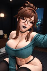 1girls 3d 3d_(artwork) abs ai_generated big_ass big_breasts black_lips black_lipstick brown_hair busty cleavage crop_top glasses half_updo lipstick madz_(oc) midriff panties radnsad selfie short_hair_with_long_locks sidelocks solo solo_female solo_focus sweater thick_ass thick_thighs thighhighs
