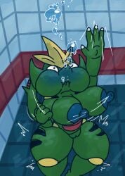 1girls big_breasts breath_holding bubbles drowning female mblaze nintendo nude peril pokemon pokemon_(species) pool skinny_dipping solo struggling swimming tyranitar underwater underwater_peril