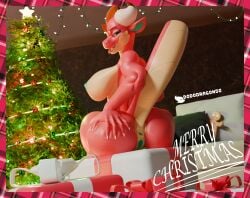 3d_(artwork) anthro anus ass blender_(artwork) blender_cycles breasts butt_grab christmas cookie digital_media_(artwork) dododragon56 female food genitals gift gingerbread_man green_eyes hand_on_butt hi_res holidays kobold looking_at_viewer looking_back meep_the_kobold_(character) nipples nude plant presenting presenting_hindquarters raised_tail reptile scalie solo spread_butt spreading tail tongue tongue_out tree vulva