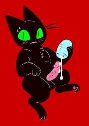 after_masturbation after_orgasm anthro balls black_body black_fur blush bodily_fluids cartoon_network caught cum cum_drip cum_in_sex_toy cum_on_penis dripping embarrassed fur genital_fluids genitals green_sclera hi_res looking_at_viewer male male_only mao_mao:_heroes_of_pure_heart nude nylonheretic pawpads penetrable_sex_toy penis pink_penis red_background sex_toy sheriff_mao_mao_mao simple_background sitting solo sweat