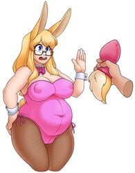 absurd_res ambiguous_gender animal_humanoid belly big_belly big_breasts blonde_hair blue_eyes breasts buttplug buttplug_tail dabunnox duo eyewear fake_tail female glasses hair hi_res humanoid lagomorph lagomorph_humanoid leporid_humanoid mammal mammal_humanoid nipple_outline overweight overweight_female rabbit_humanoid sex_toy thick_thighs wide_hips