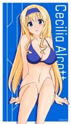 1girls big_breasts bikini blonde_hair blue_bikini blue_eyes blush breasts busty cecilia_alcott character_name cleavage dated drill_hair english_text female female_only hairband highres infinite_stratos large_breasts legs looking_at_viewer navel parted_lips pink_lipstick pose posing smile solo swimsuit thighs tongue voluptuous