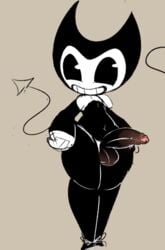 1boy 2020 anthro balls bendy bendy_and_the_ink_machine black_and_white bow_tie ciavs demon genitals humanoid male male_only monochrome penis simple_background smile solo video_games wide_hips